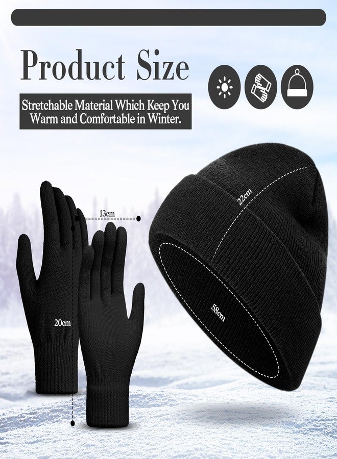ShinyMatch Winter Beanie Hat Gloves Set, Soft Knitted Hat Stretchy Gloves Warm Skull Cap Set for Women Men Gifts (Black) - Image 2
